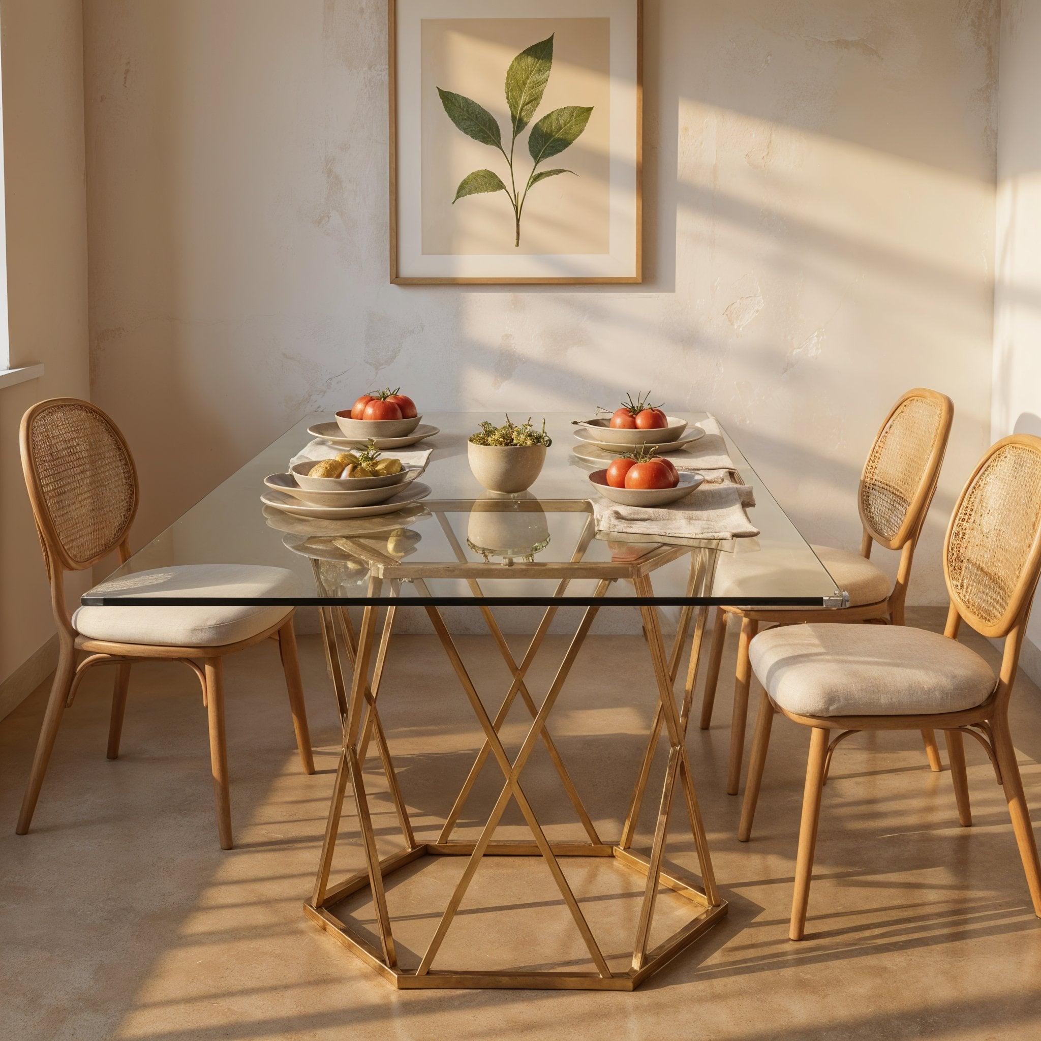 63 Clear and Gold Glass and Metal Geo Pedestal Base Dining Table