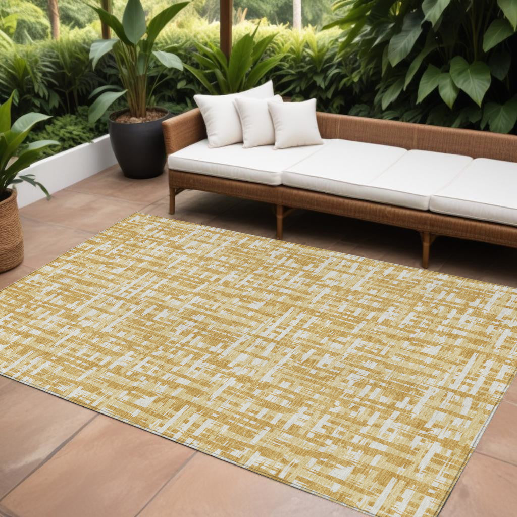 9' X 12' Gold Brown And Beige Abstract Washable Indoor Outdoor Area Rug