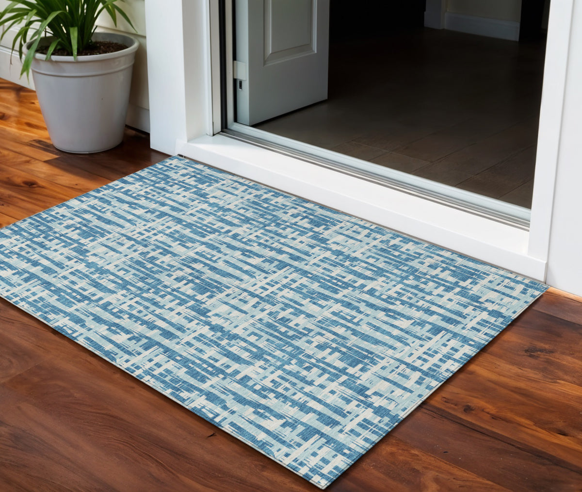 3' X 5' Teal Blue Sky Blue And Ivory Abstract Washable Indoor Outdoor Area Rug
