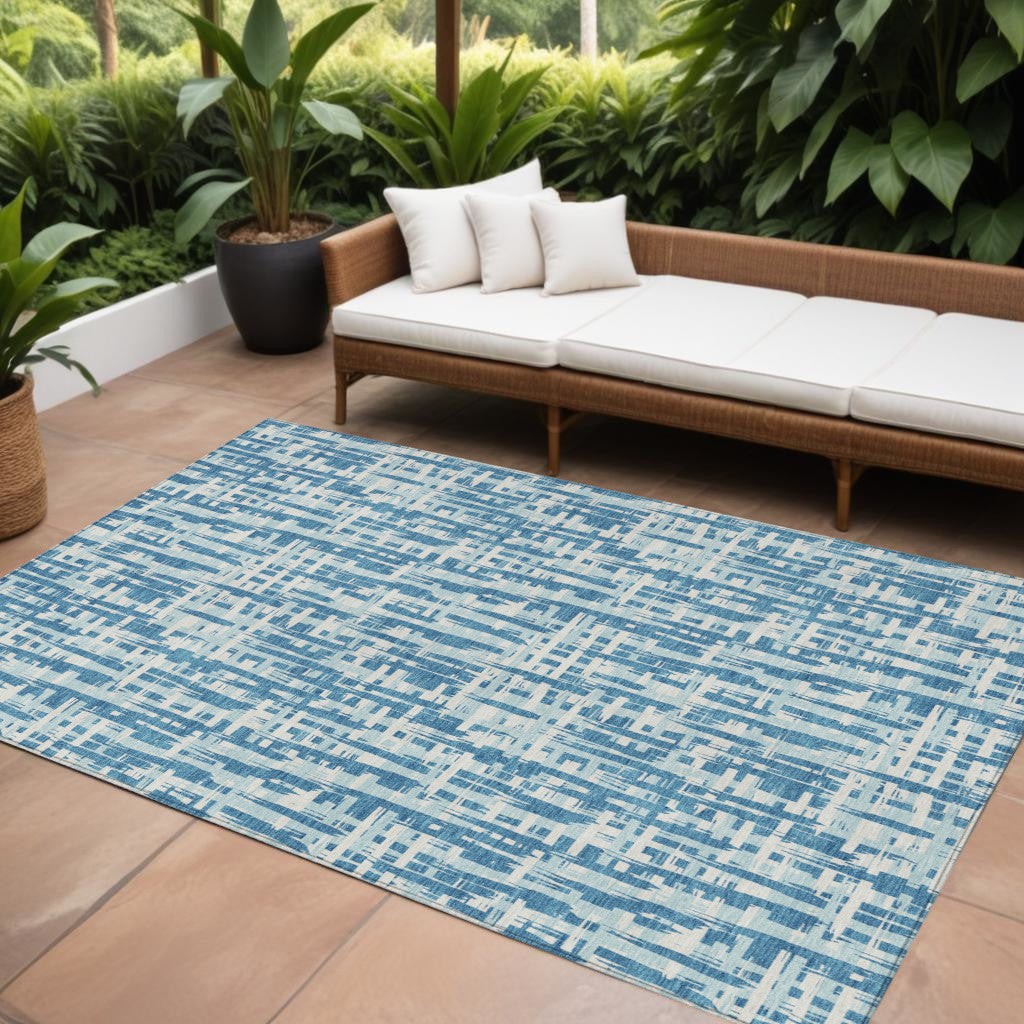 9' X 12' Teal Blue Sky Blue And Ivory Abstract Washable Indoor Outdoor Area Rug