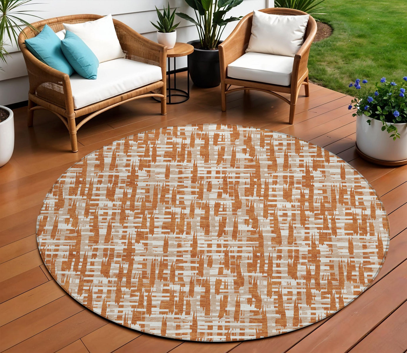 8' Terra Cotta Tan And Ivory Round Abstract Washable Indoor Outdoor Area Rug