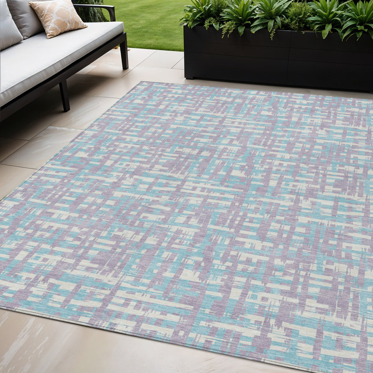 5' X 8' Lavender Aqua And Beige Abstract Washable Indoor Outdoor Area Rug