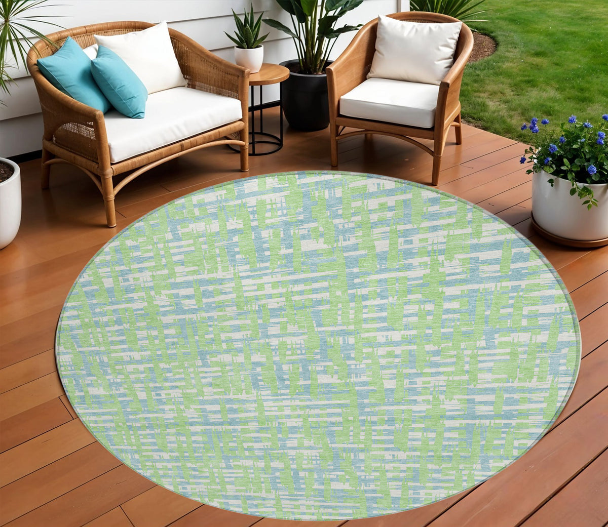 8' Mint Green Blue And Beige Round Abstract Washable Indoor Outdoor Area Rug