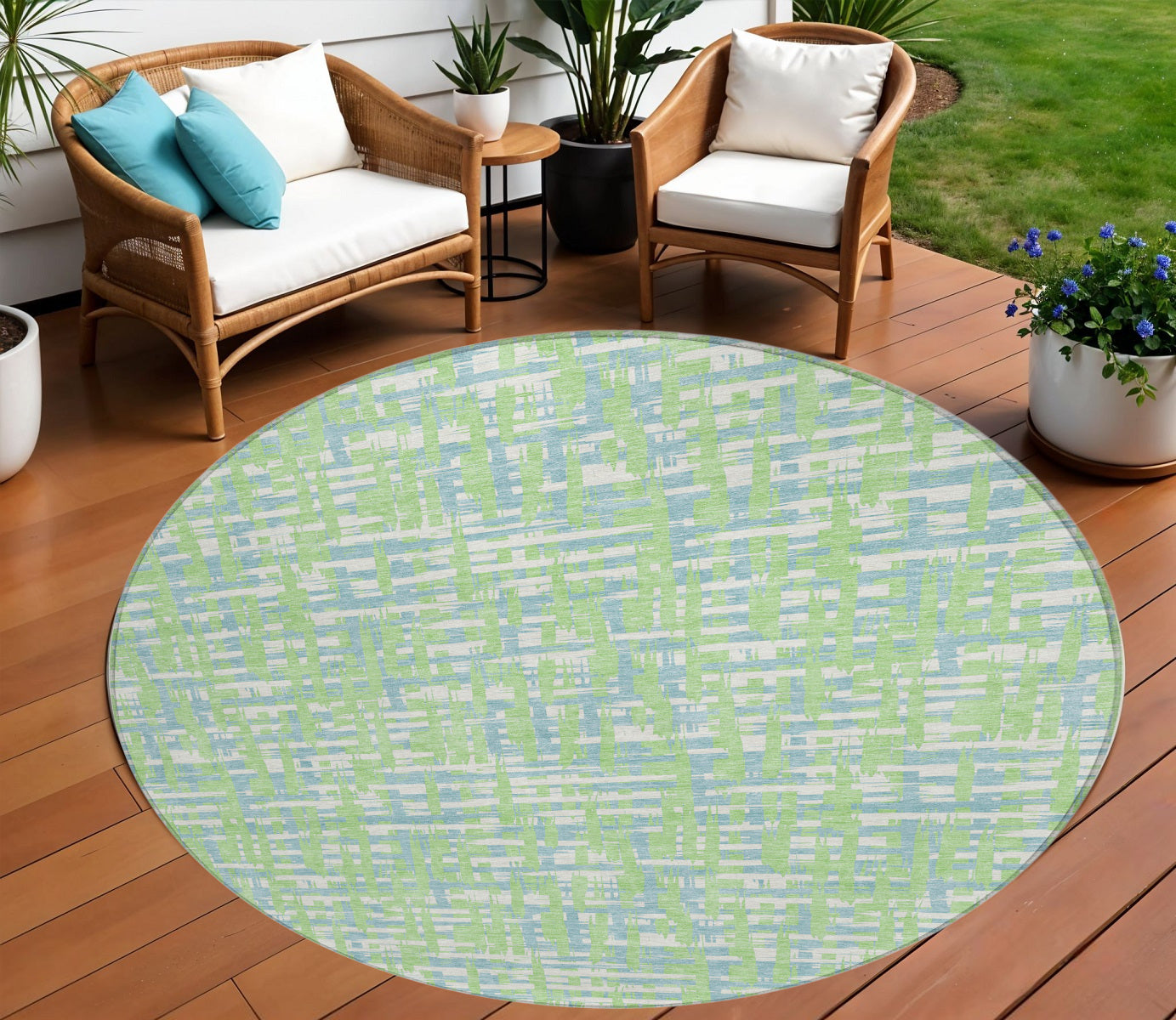 8' Mint Green Blue And Beige Round Abstract Washable Indoor Outdoor Area Rug