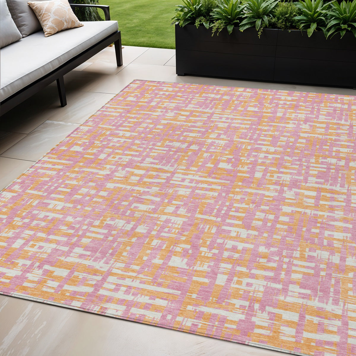 5' X 8' Pink Copper And Beige Abstract Washable Indoor Outdoor Area Rug
