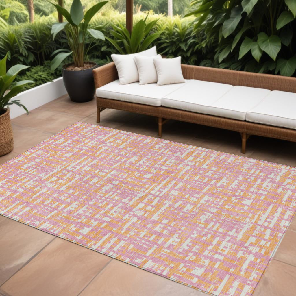 9' X 12' Pink Copper And Beige Abstract Washable Indoor Outdoor Area Rug