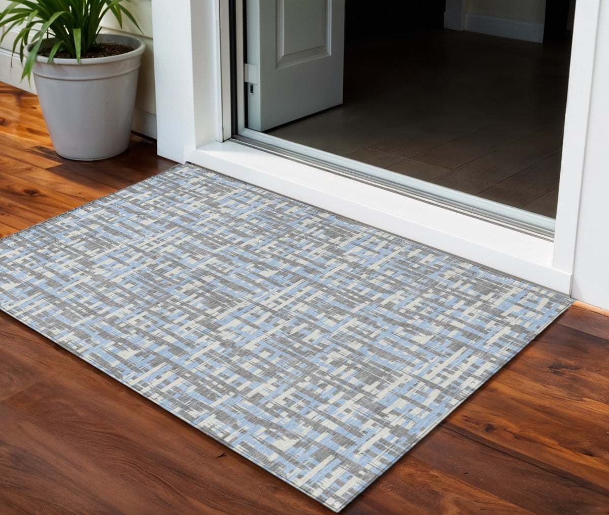 3' X 5' Silver Blue And Beige Abstract Washable Indoor Outdoor Area Rug