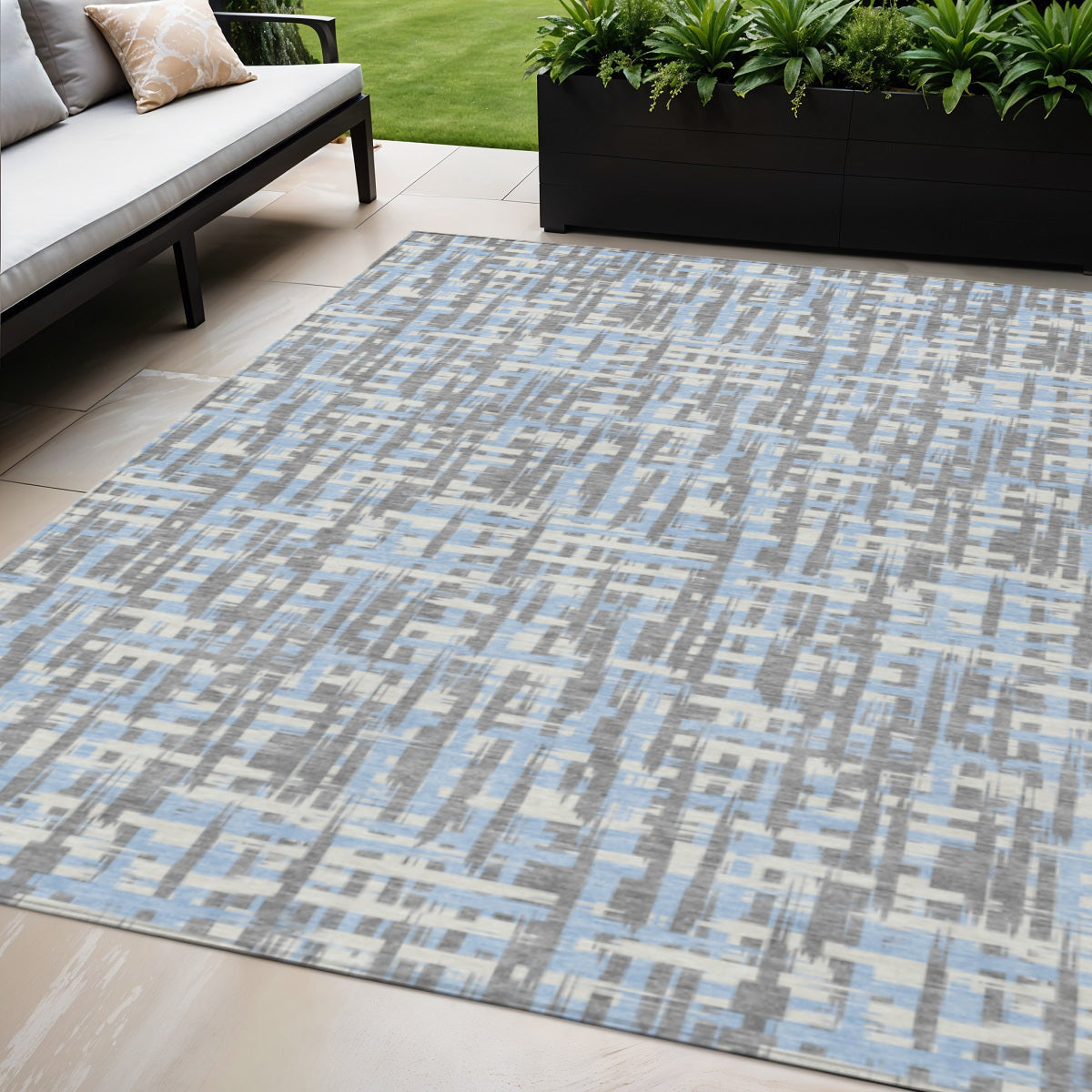5' X 8' Silver Blue And Beige Abstract Washable Indoor Outdoor Area Rug