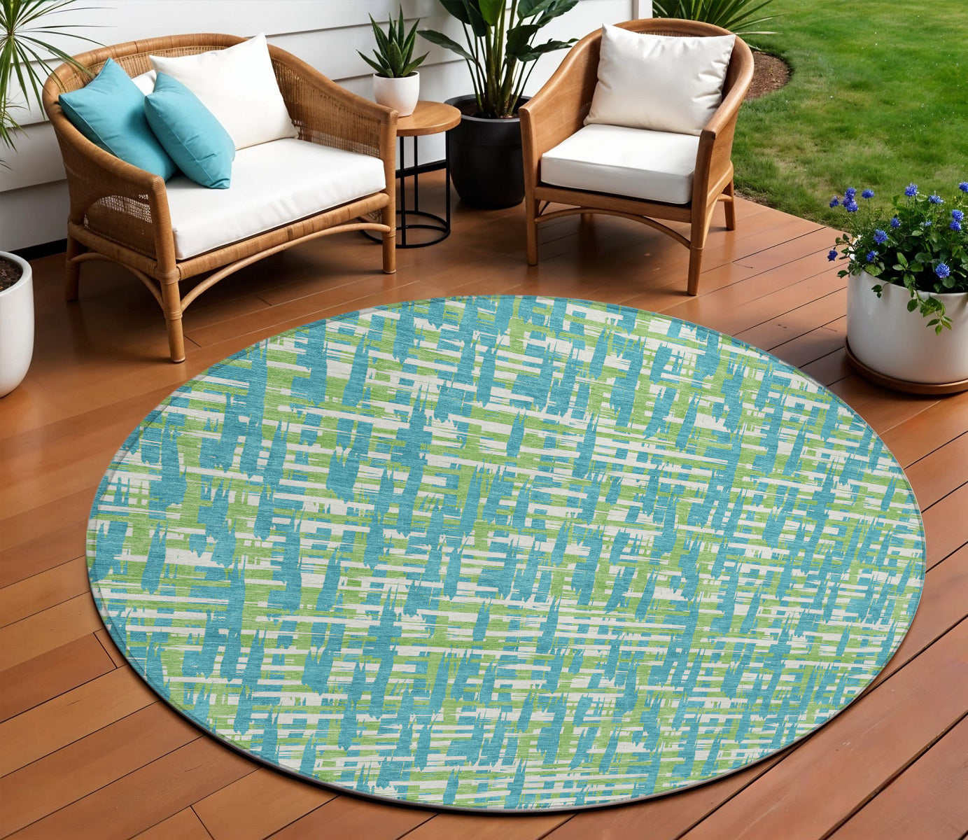 8' Turquoise Green And Ivory Round Abstract Washable Indoor Outdoor Area Rug