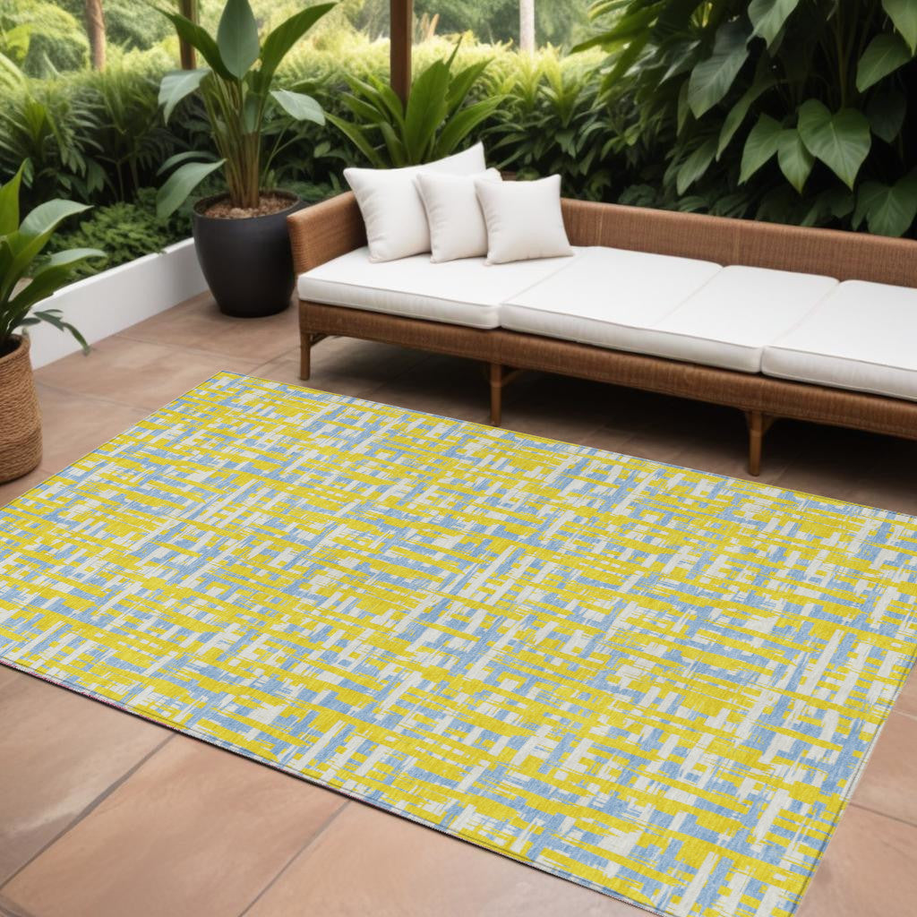 9' X 12' Yellow Denim Blue And Beige Abstract Washable Indoor Outdoor Area Rug