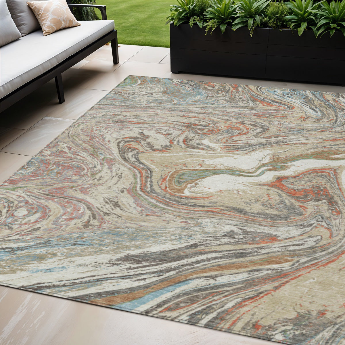 5' X 8' Beige Pink And Blue Abstract Washable Indoor Outdoor Area Rug