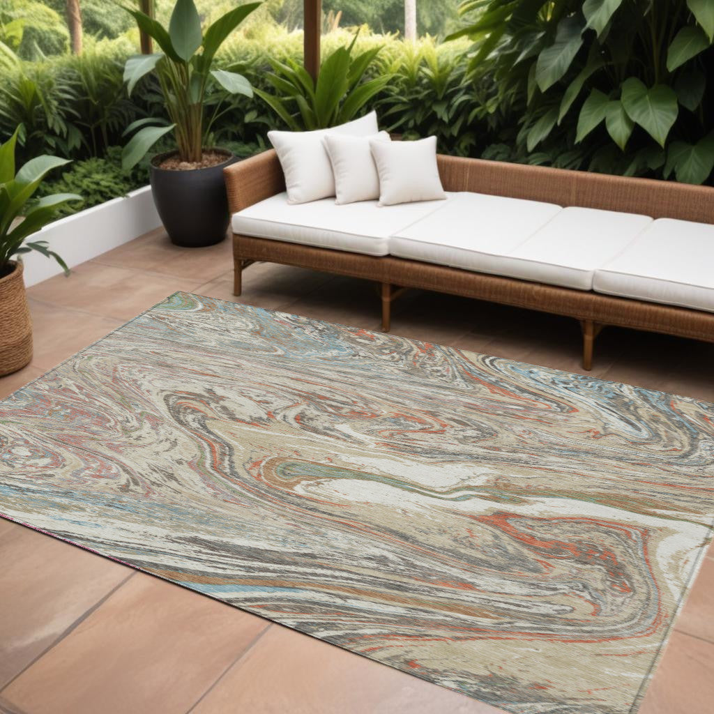 10' X 14' Beige Pink And Blue Abstract Washable Indoor Outdoor Area Rug