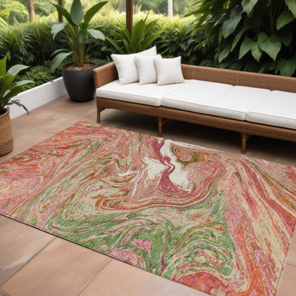 8' X 10' Coral Green And Ivory Abstract Washable Indoor Outdoor Area Rug