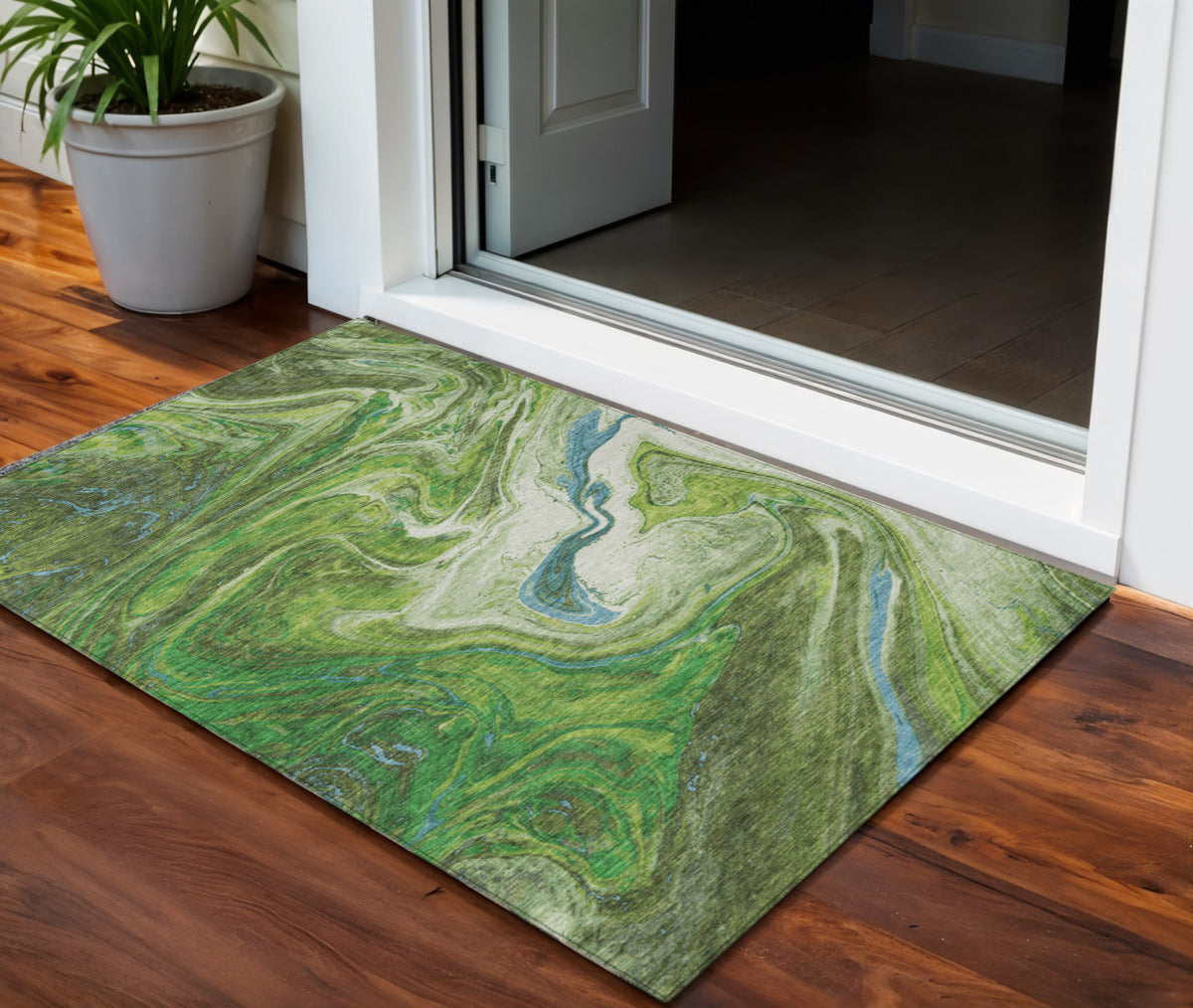 3' X 5' Green Blue And Ivory Abstract Washable Indoor Outdoor Area Rug