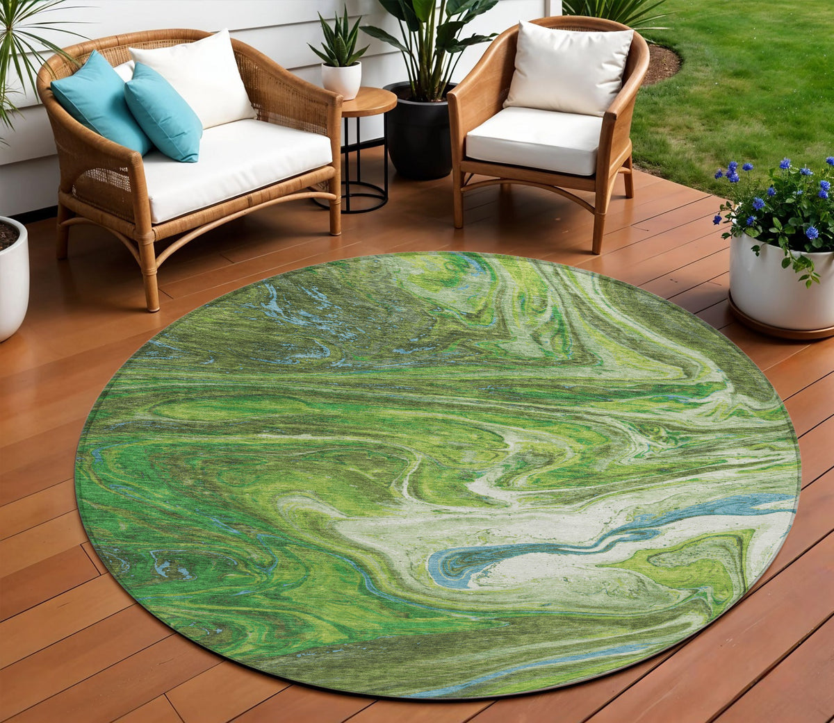 8' Green Blue And Ivory Round Abstract Washable Indoor Outdoor Area Rug