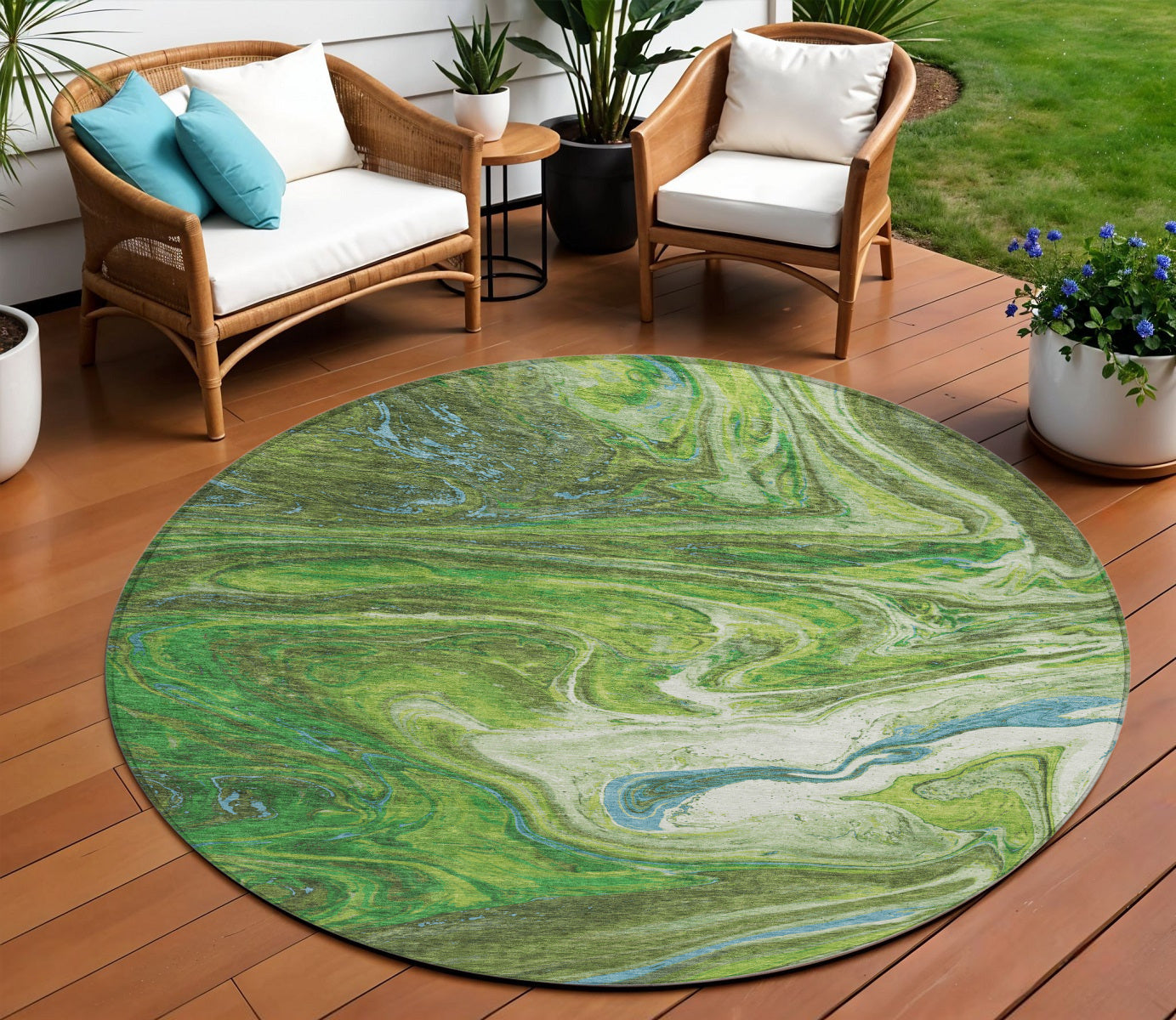 8' Green Blue And Ivory Round Abstract Washable Indoor Outdoor Area Rug