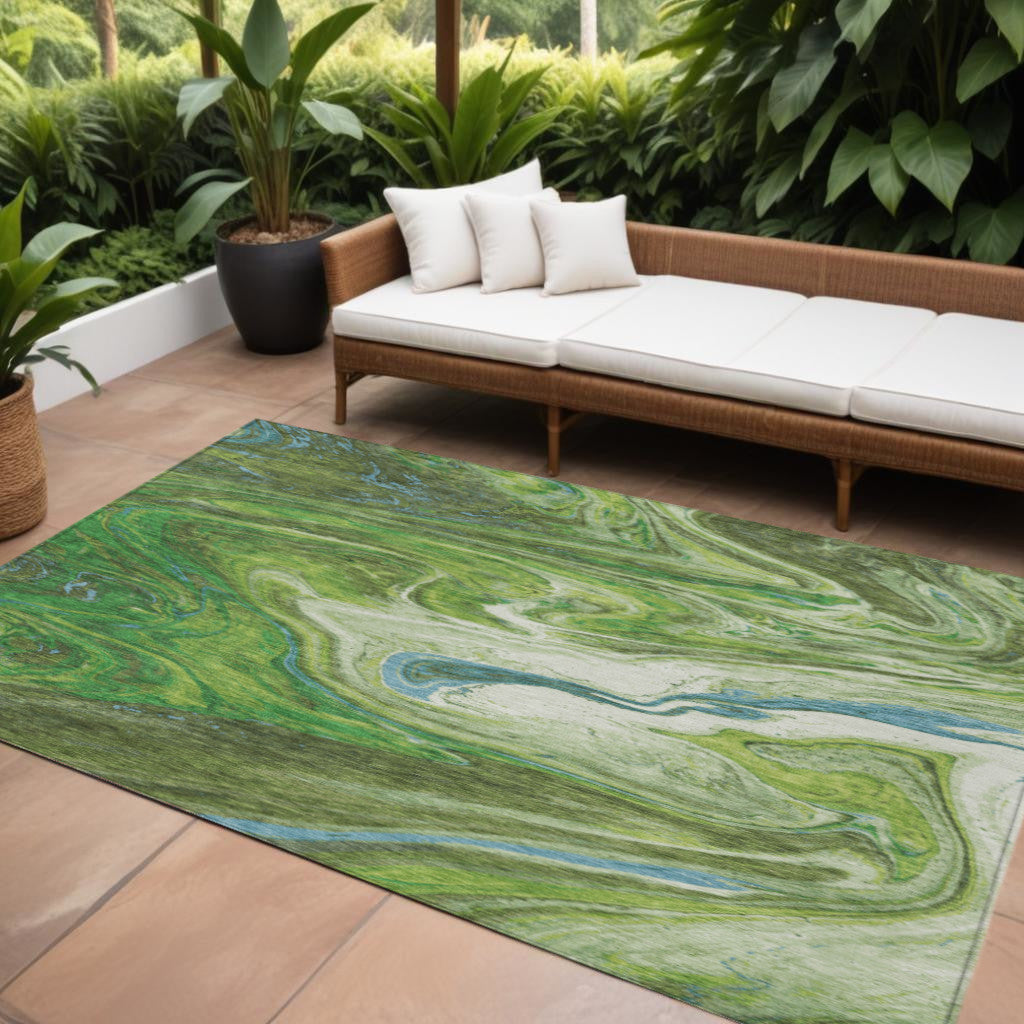 9' X 12' Green Blue And Ivory Abstract Washable Indoor Outdoor Area Rug