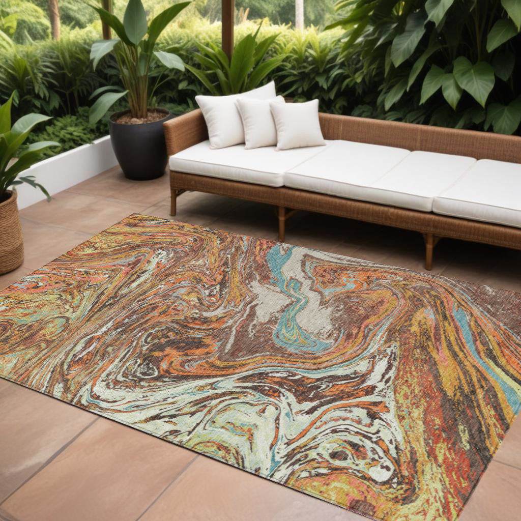 9' X 12' Khaki Brown And Blue Abstract Washable Indoor Outdoor Area Rug