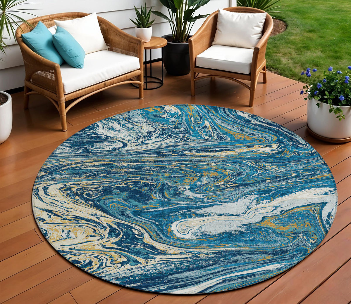 8' Navy Blue Gold And Ivory Round Abstract Washable Indoor Outdoor Area Rug