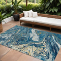 8' X 10' Navy Blue Gold And Ivory Abstract Washable Indoor Outdoor Area Rug