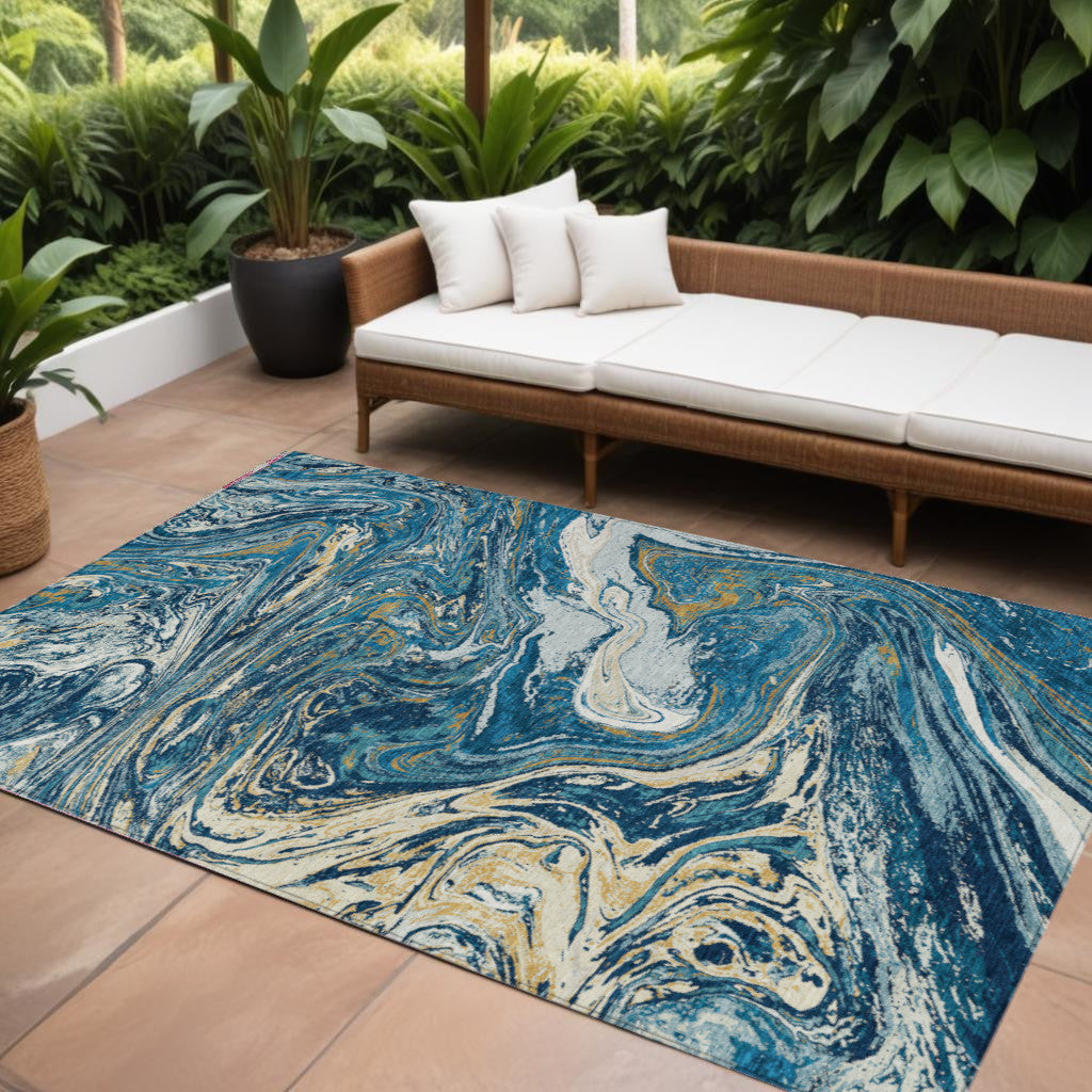 9' X 12' Navy Blue Gold And Ivory Abstract Washable Indoor Outdoor Area Rug