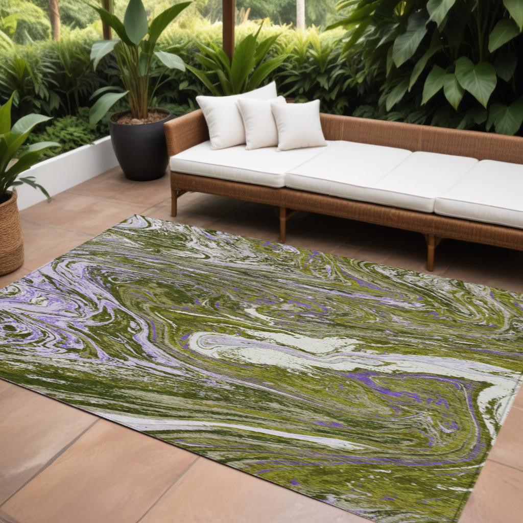 9' X 12' Olive Green Purple And Beige Abstract Washable Indoor Outdoor Area Rug