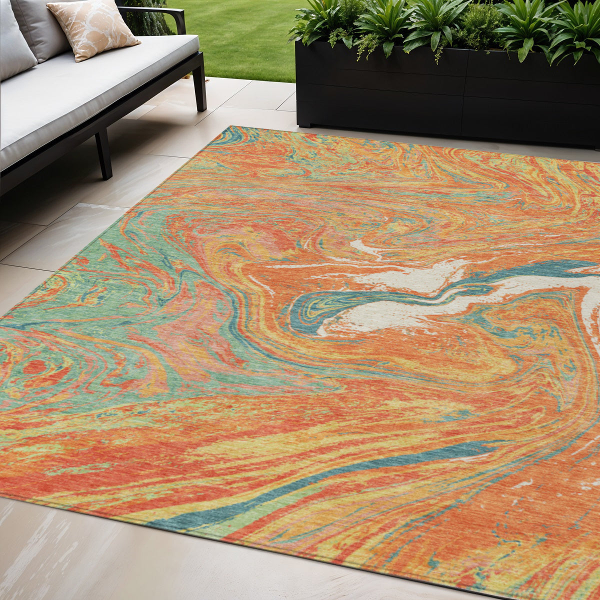 5' X 8' Orange Green And Beige Abstract Washable Indoor Outdoor Area Rug