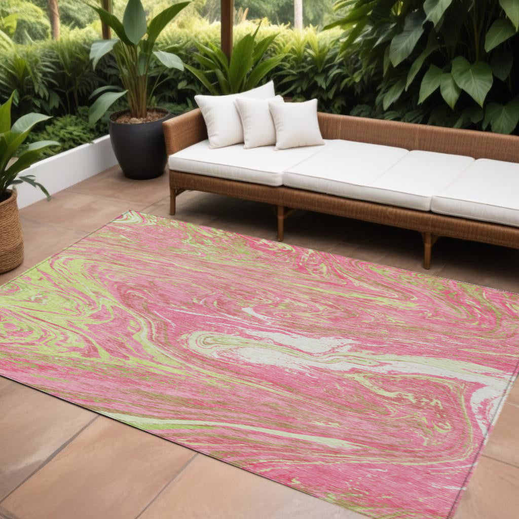 9' X 12' Pink Green And Ivory Abstract Washable Indoor Outdoor Area Rug