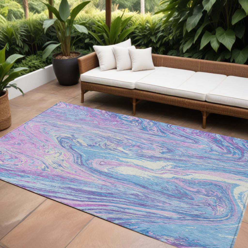 9' X 12' Sky Blue Lavender And Ivory Abstract Washable Indoor Outdoor Area Rug