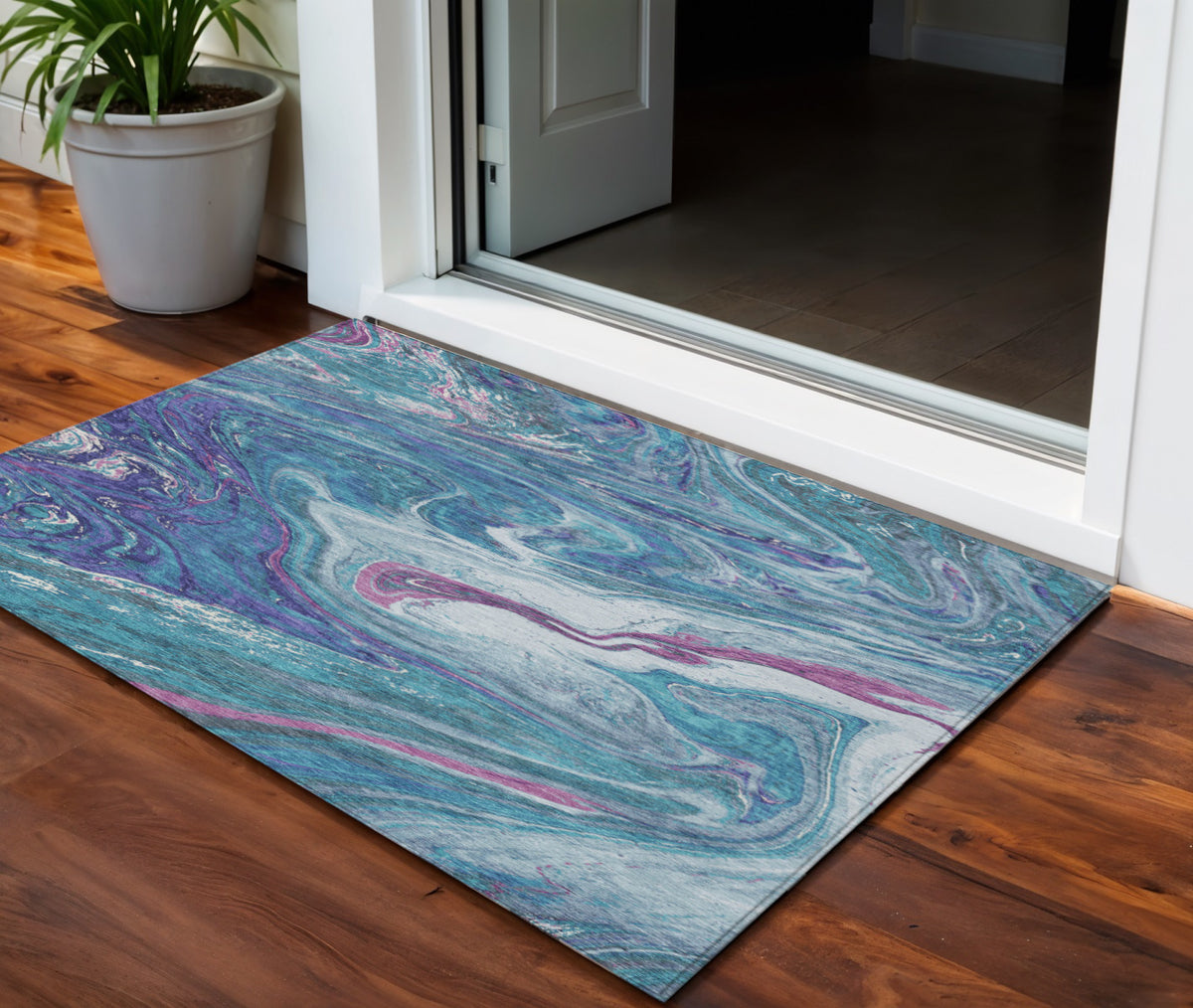 3' X 5' Teal Blue Purple And Pink Abstract Washable Indoor Outdoor Area Rug