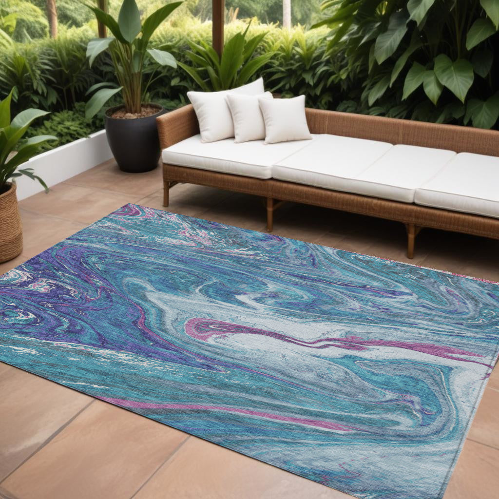 9' X 12' Teal Blue Purple And Pink Abstract Washable Indoor Outdoor Area Rug