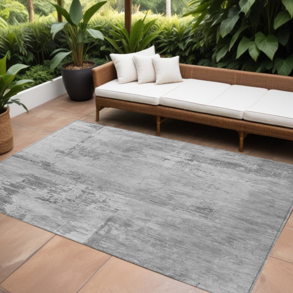 9' X 12' Gray And Silver Abstract Washable Indoor Outdoor Area Rug