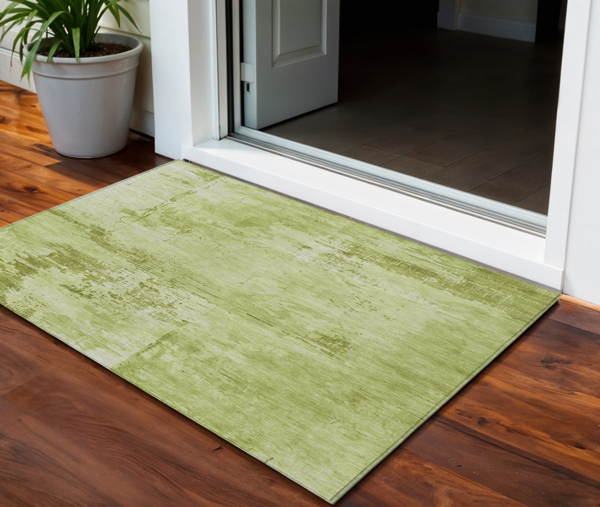 3' X 5' Lime Green And Ivory Abstract Washable Indoor Outdoor Area Rug