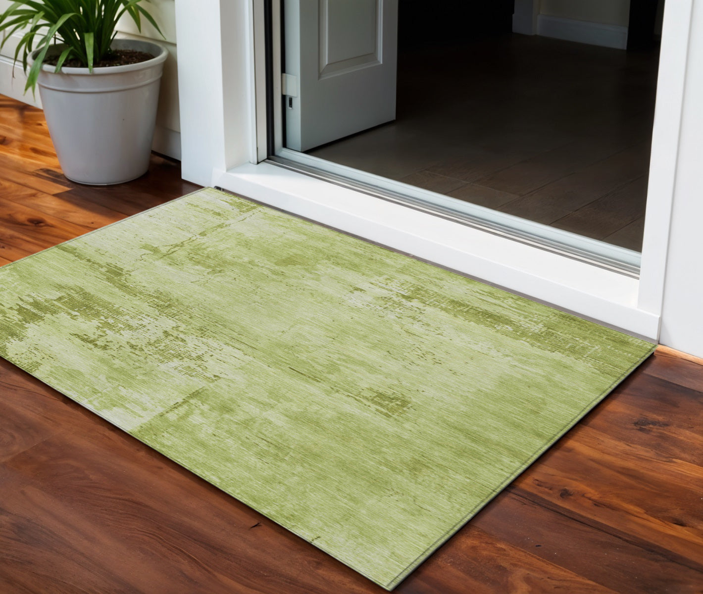 3' X 5' Lime Green And Ivory Abstract Washable Indoor Outdoor Area Rug