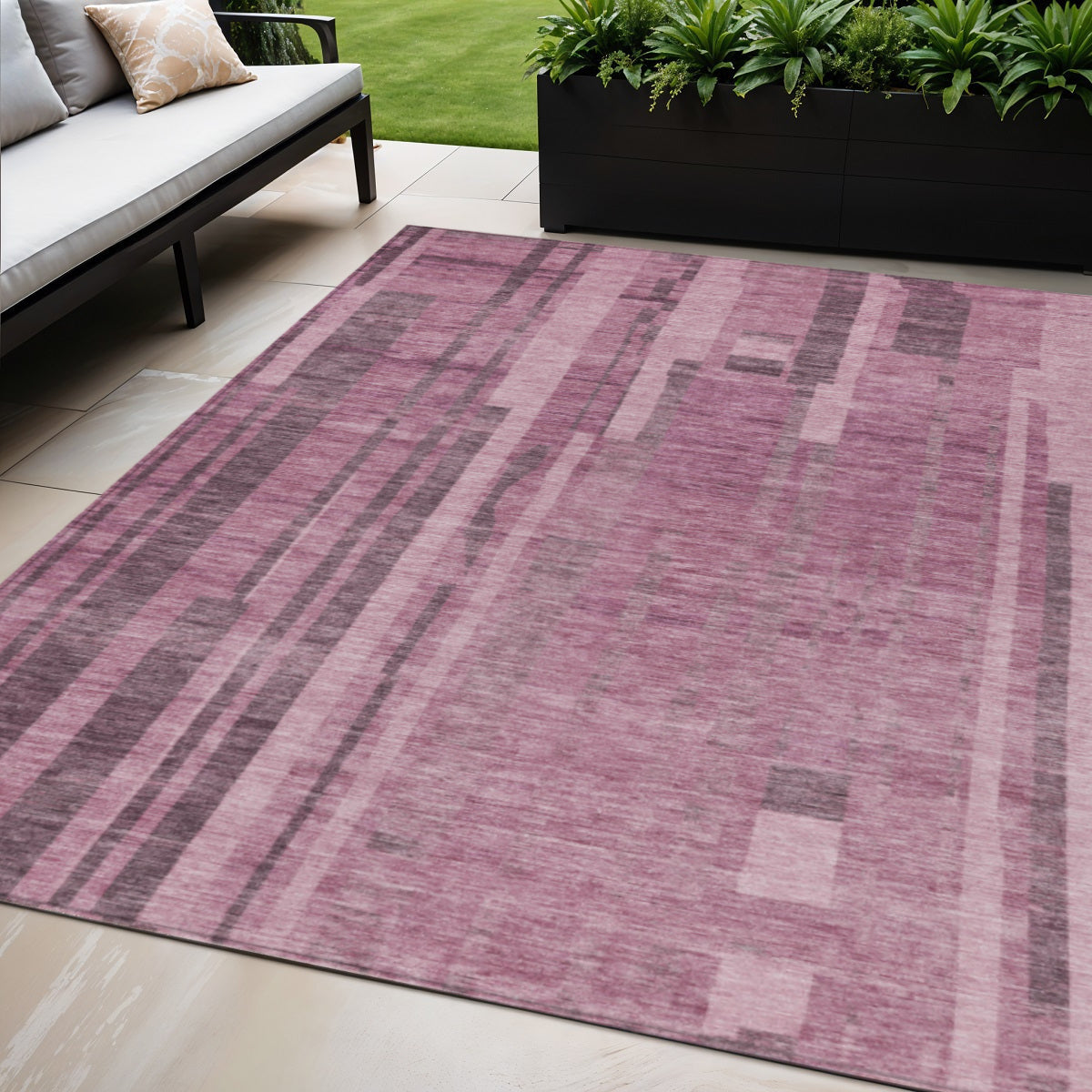 5' X 8' Blush And Brown Striped Washable Indoor Outdoor Area Rug