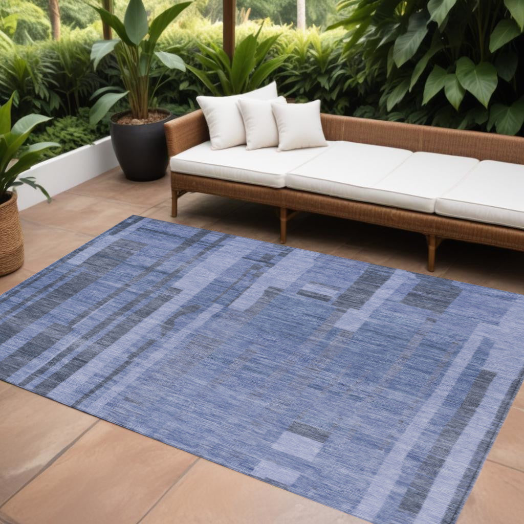 10' X 14' Denim Blue And Charcoal Striped Washable Indoor Outdoor Area Rug