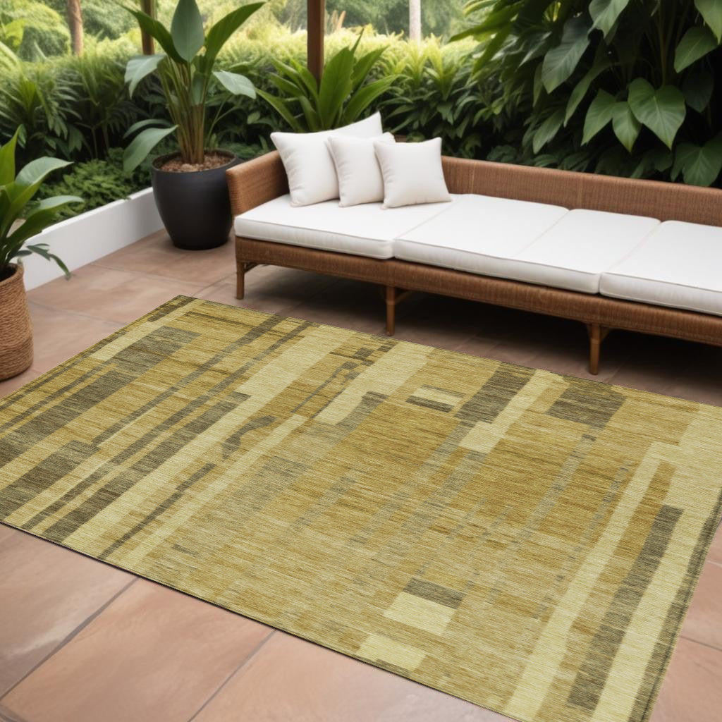 9' X 12' Gold And Dark Brown Striped Washable Indoor Outdoor Area Rug