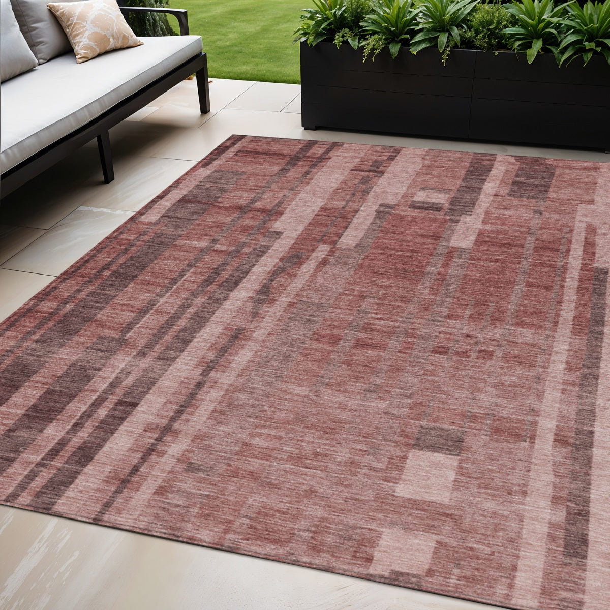 5' X 8' Brick Red And Brown Striped Washable Indoor Outdoor Area Rug