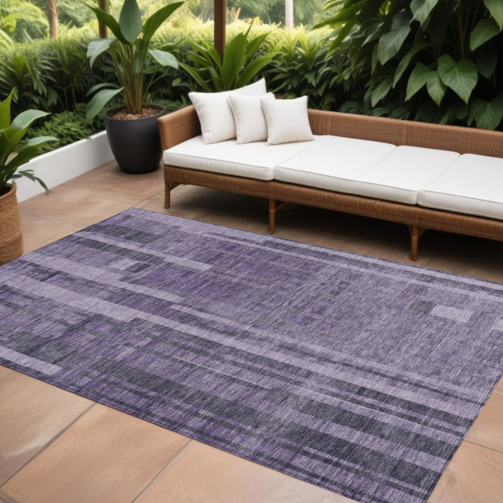 9' X 12' Purple And Black Striped Washable Indoor Outdoor Area Rug