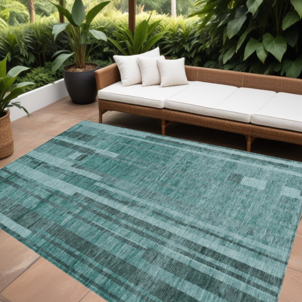 9' X 12' Teal Blue And Black Striped Washable Indoor Outdoor Area Rug