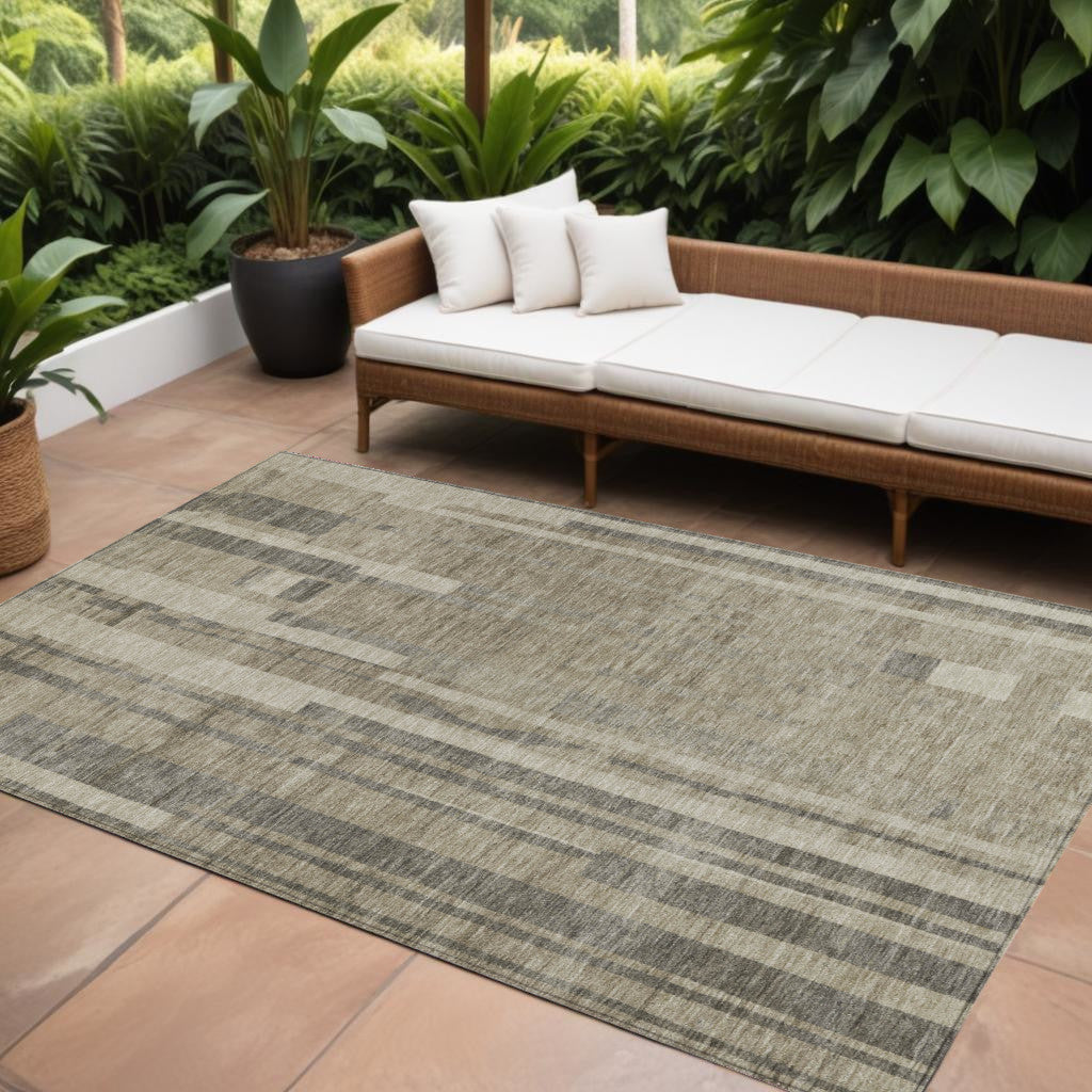 9' X 12' Taupe And Dark Gray Striped Washable Indoor Outdoor Area Rug