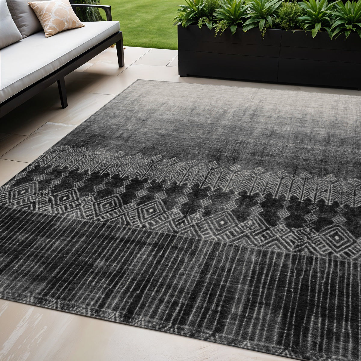 5' X 8' Black Ivory And Gray Ombre Washable Indoor Outdoor Area Rug
