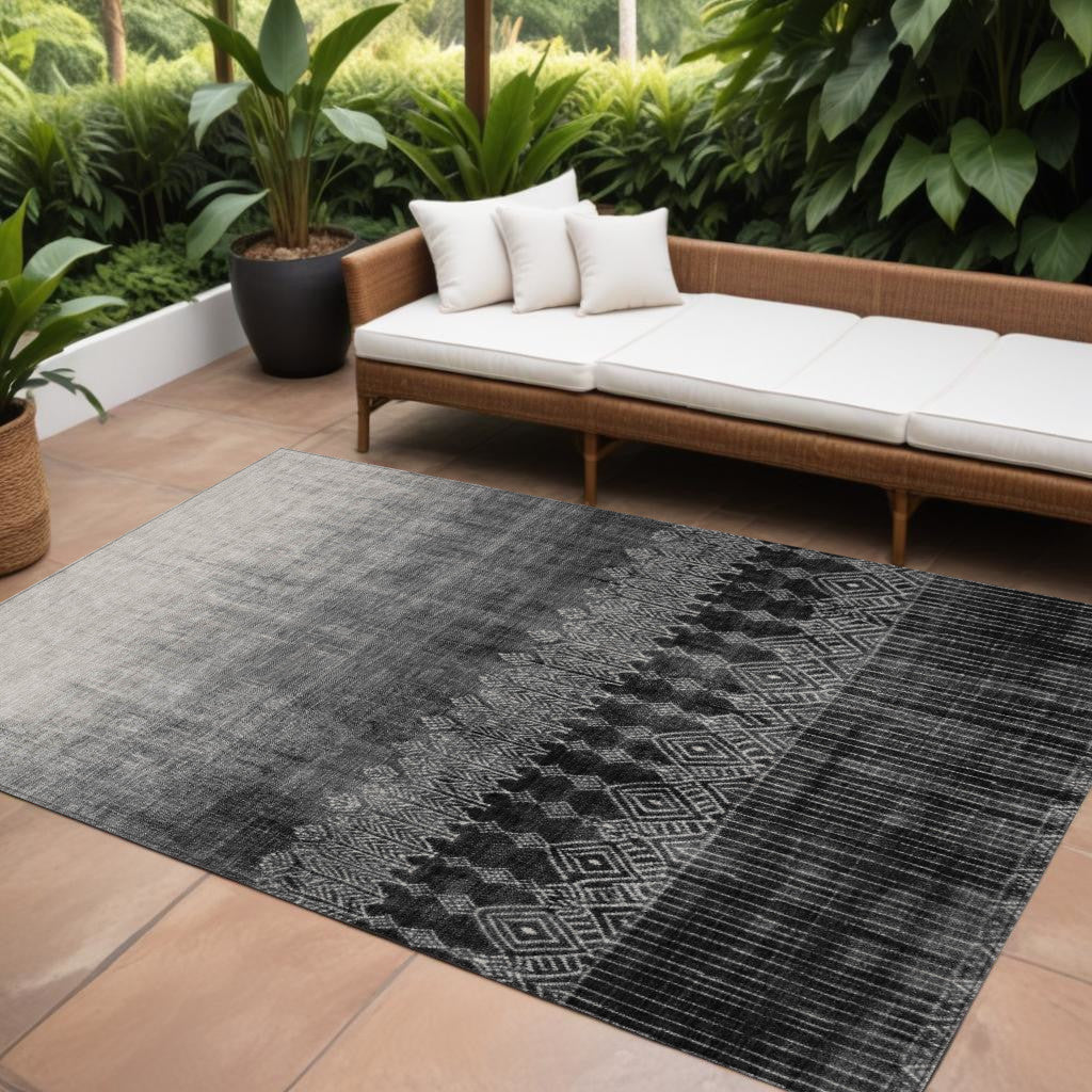 8' X 10' Black Ivory And Gray Ombre Washable Indoor Outdoor Area Rug