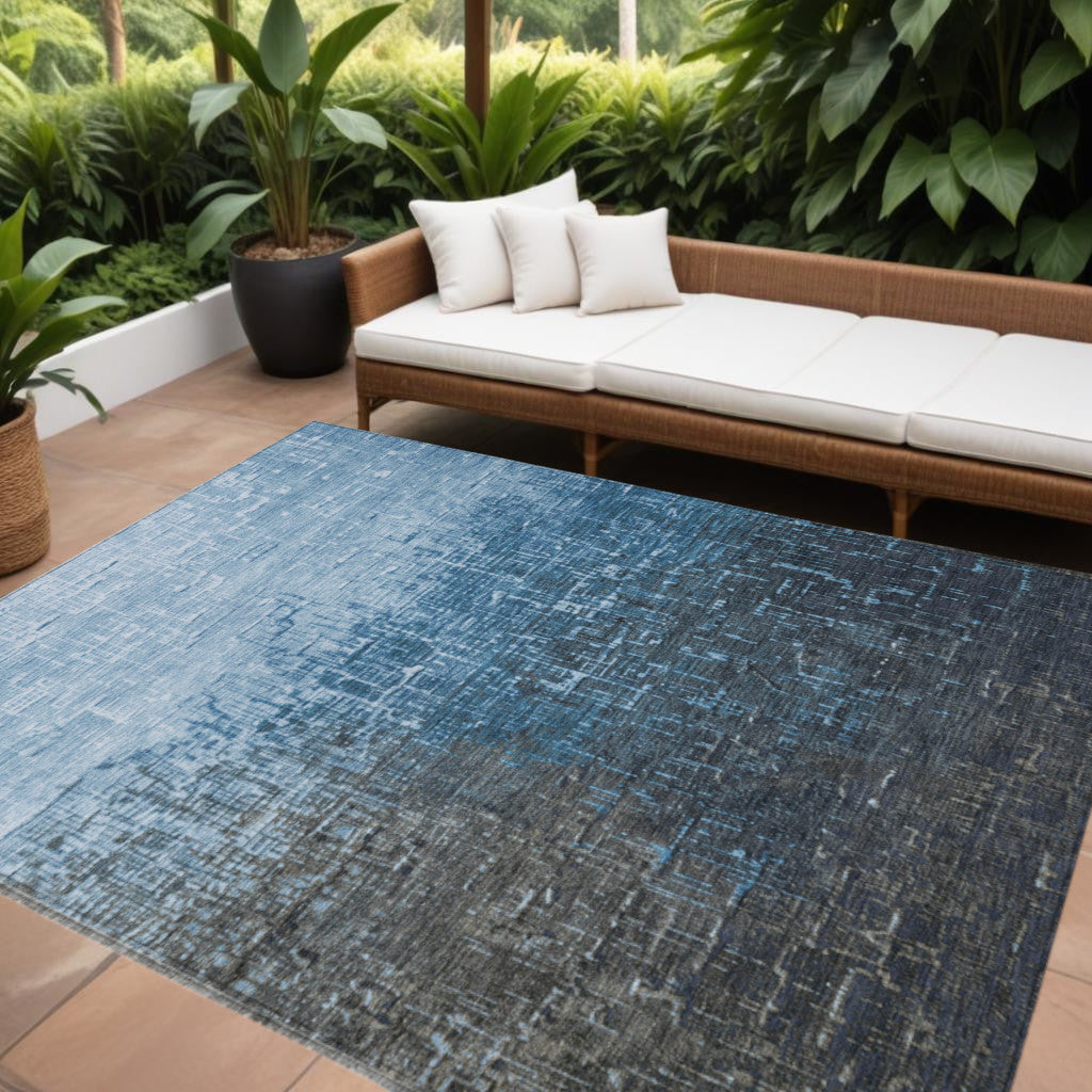10' X 14' Blue And Dark Gray Ombre Washable Indoor Outdoor Area Rug