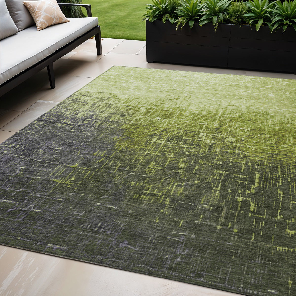 5' X 8' Lime Green And Dark Gray Ombre Washable Indoor Outdoor Area Rug