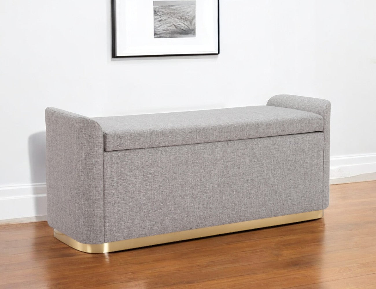 48'' Gray and Gold Linen Upholstered Storage Bench with Flip Top