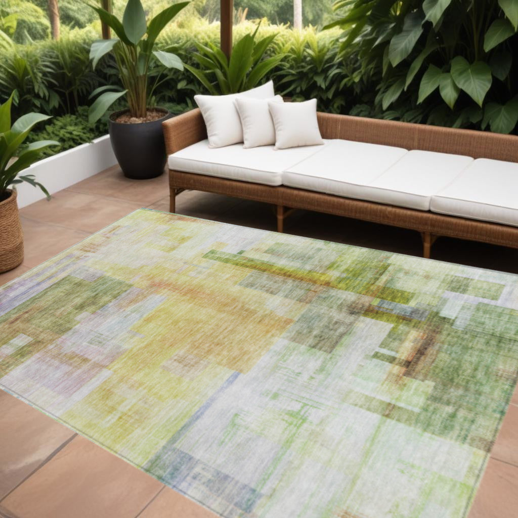 9' X 12' Green Yellow And Purple Abstract Washable Indoor Outdoor Area Rug