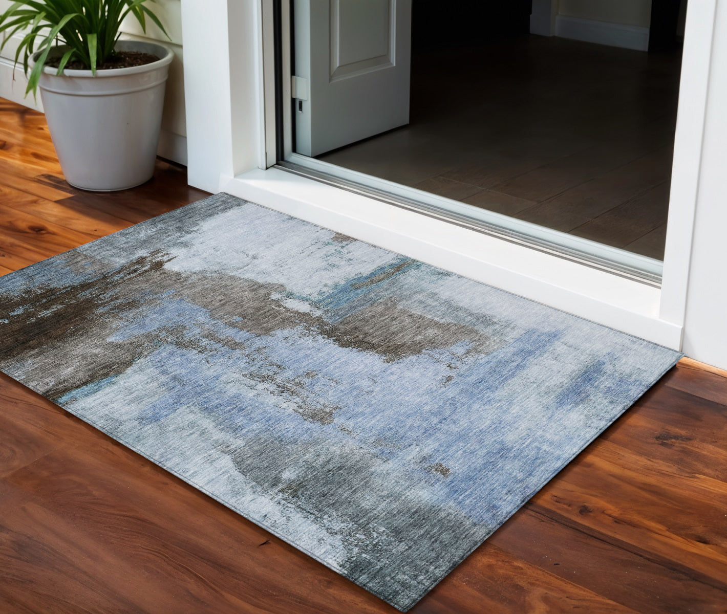 3' X 5' Blue Gray And Dark Brown Abstract Washable Indoor Outdoor Area Rug