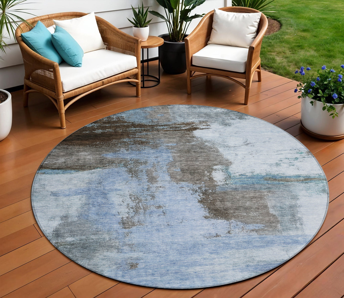 8' Blue Gray And Dark Brown Round Abstract Washable Indoor Outdoor Area Rug