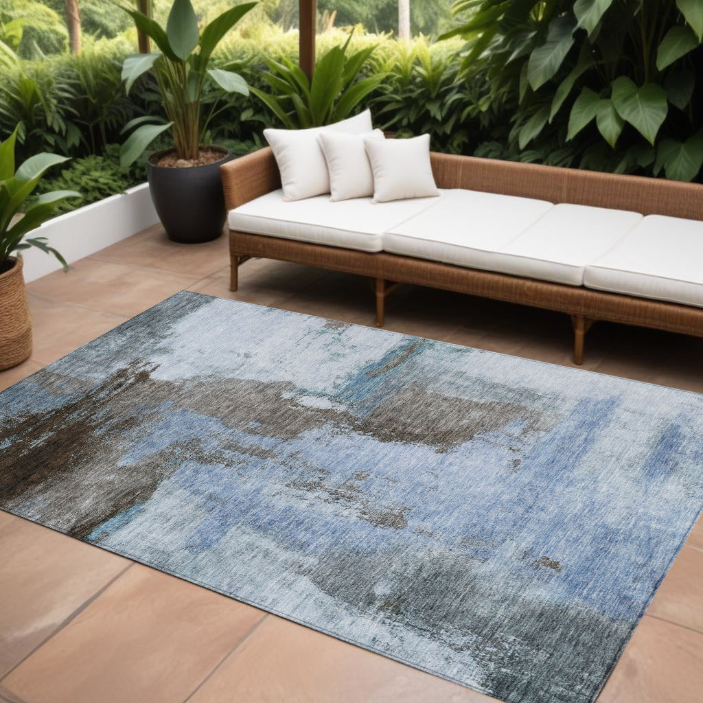 10' X 14' Blue Gray And Dark Brown Abstract Washable Indoor Outdoor Area Rug